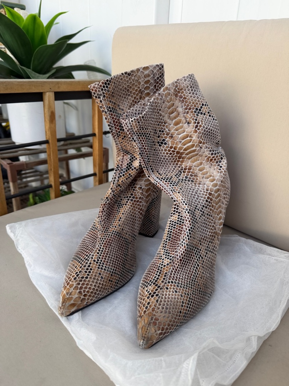 PrettyLittleThing Tan Snake-Print Pointed Ankle Boots
